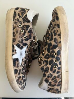 Leopard Print Platform Sneakers with Star Accent - Brown